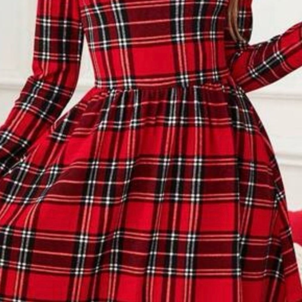 Red Plaid Long Sleeve Dress